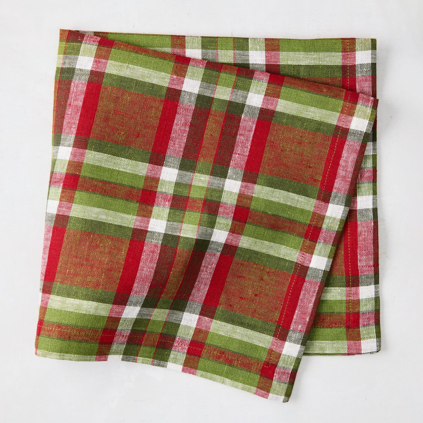 Christmas Peppermint Red and Green Plaid Linen Napkin, 21" square, folded.