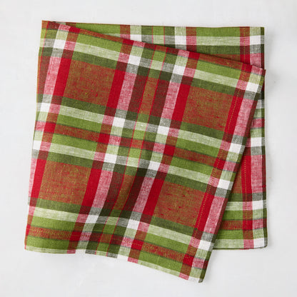 Christmas Peppermint Red and Green Plaid Linen Napkin, 21" square, folded.
