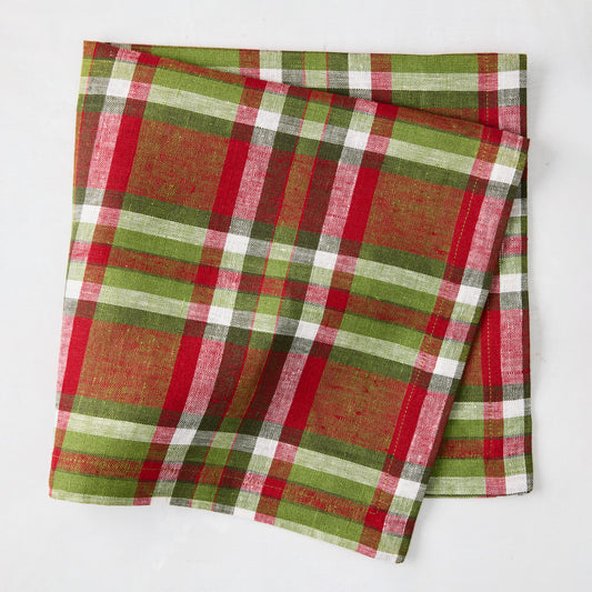 Christmas Peppermint Red and Green Plaid Linen Napkin, 21" square, folded.