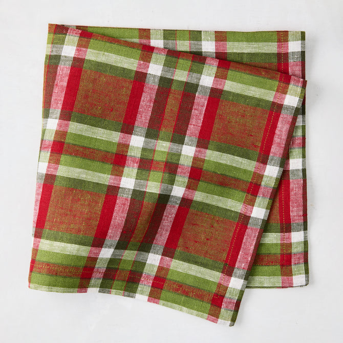 Christmas Peppermint Red and Green Plaid Linen Napkin, 21" square, folded.