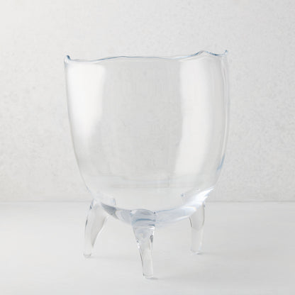 Large Cis clear mouth-blown glass bowl with a unique scissor-cut rim and three sturdy legs.