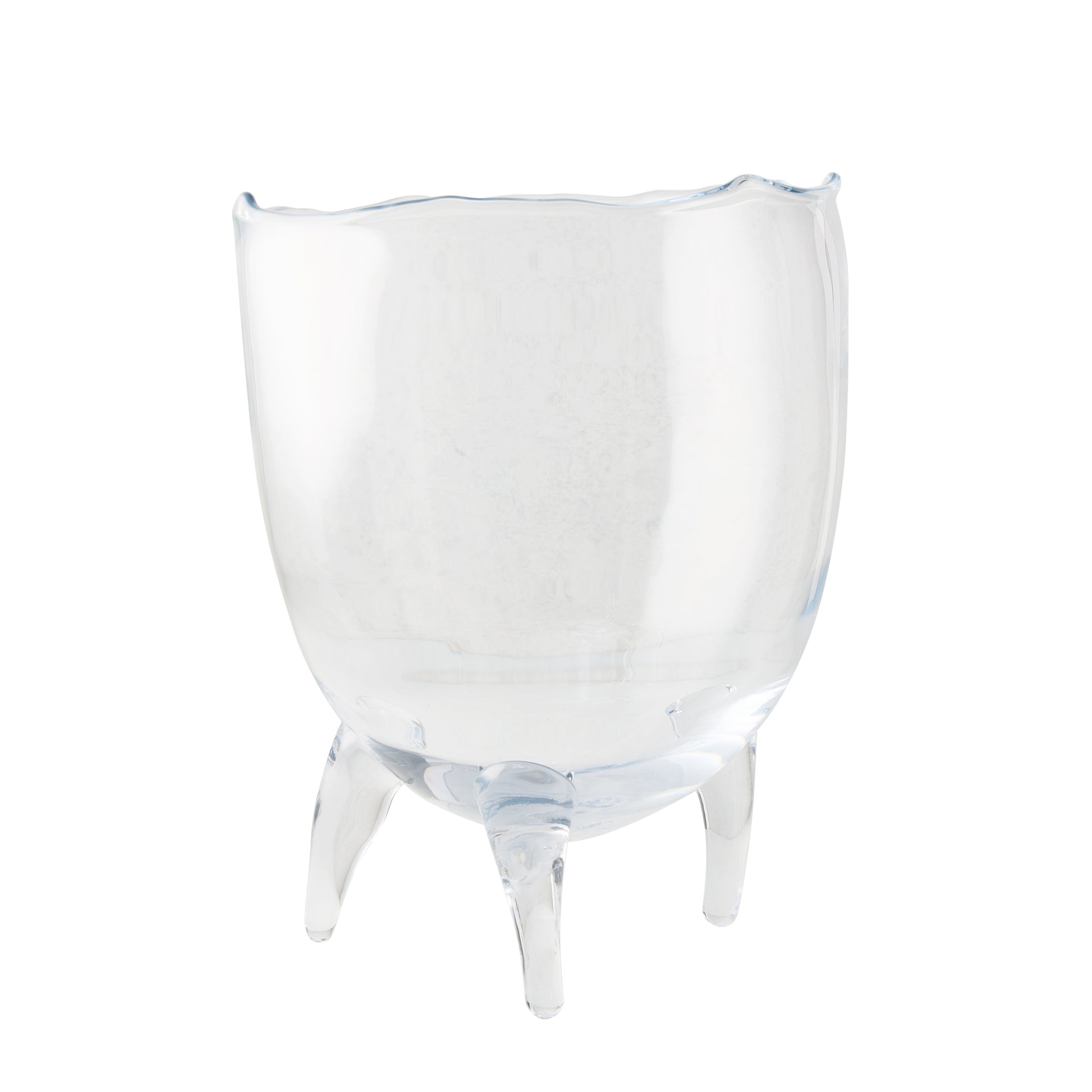 Large clear mouth-blown glass Cis Bowl with a unique scissor-cut rim and three sturdy feet.
