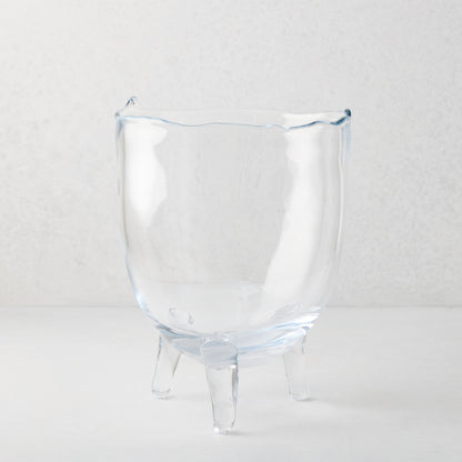 Small Cis Scissor-Cut Glass Bowl, clear mouth-blown glass with wavy rim and three legs.