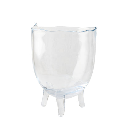 Small Cis Scissor-Cut Glass Bowl, clear mouth-blown glass with wavy rim and three feet.