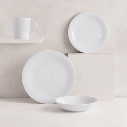 HG City White Porcelain Cereal Bowl, 8" diameter, with matching dinner plate, salad plate, and mug.