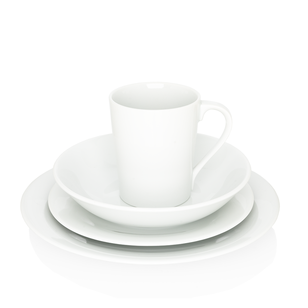 HG City White Porcelain Dinner Plate, bowl, and mug set.