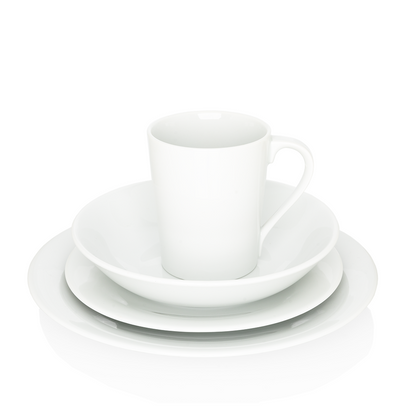 HG City White Porcelain Dinner Plate, bowl, and mug set.
