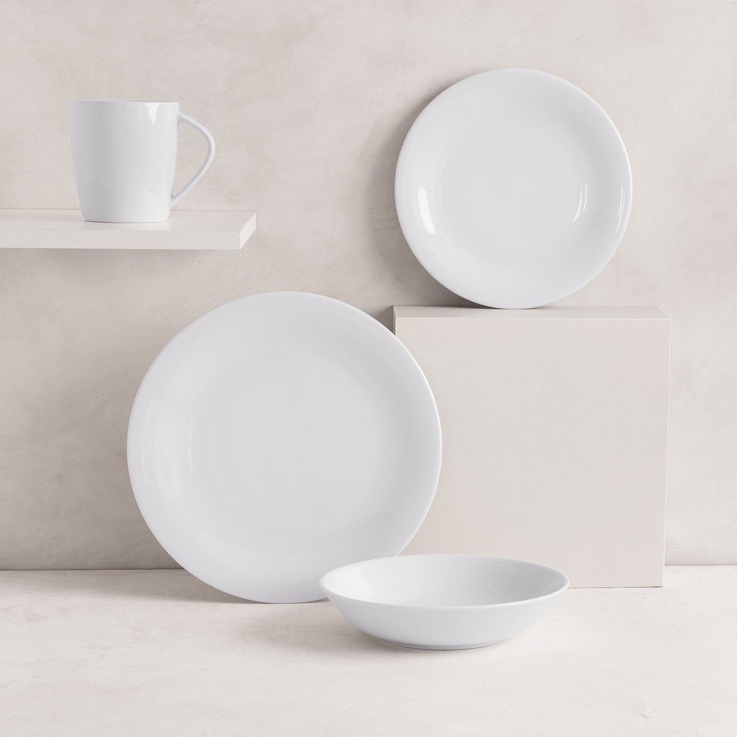 HG City White Porcelain Dinner Plate, salad plate, bowl, and mug.