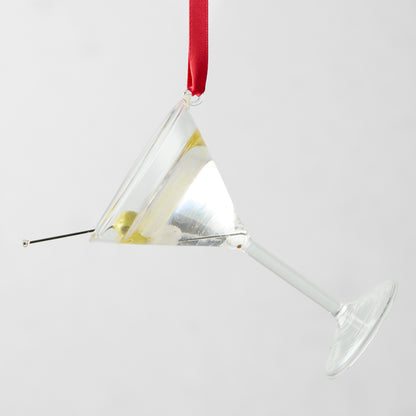 2.5-inch glass martini ornament with a green olive on a pick, hanging from a red ribbon.