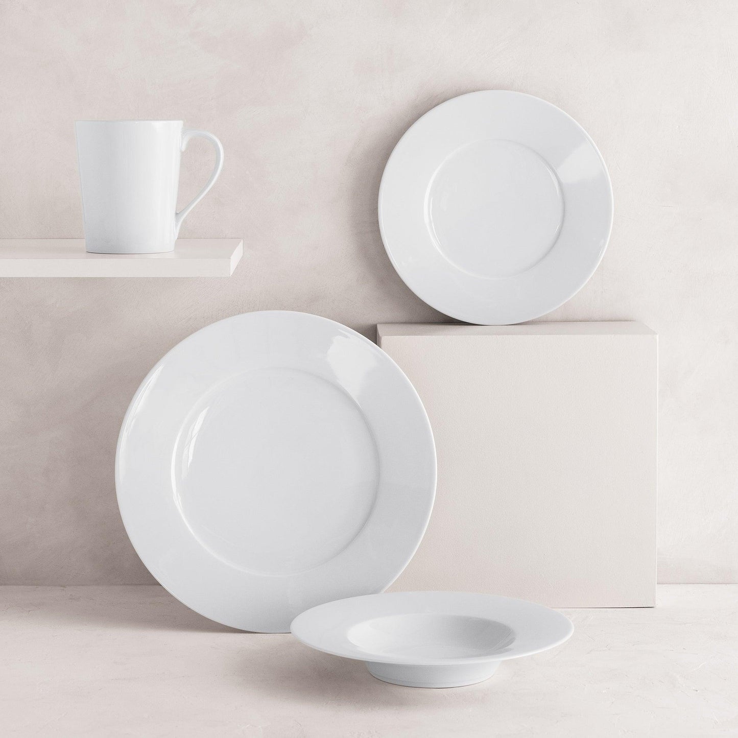 HG Classic Porcelain Dinner Plate, 11" white, with a matching mug, salad plate, and soup bowl.