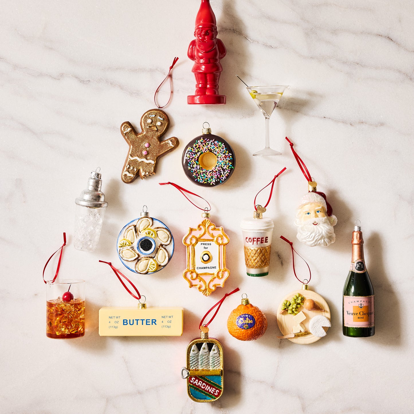 Hand-painted glass and resin cocktail shaker Christmas ornament with glitter accents, 4.5 inches tall.