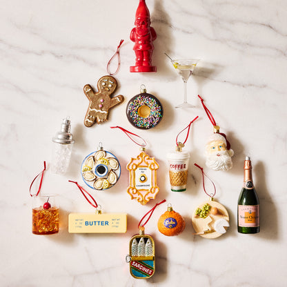 Hand-painted glass and resin cocktail shaker Christmas ornament with glitter accents, 4.5 inches tall.