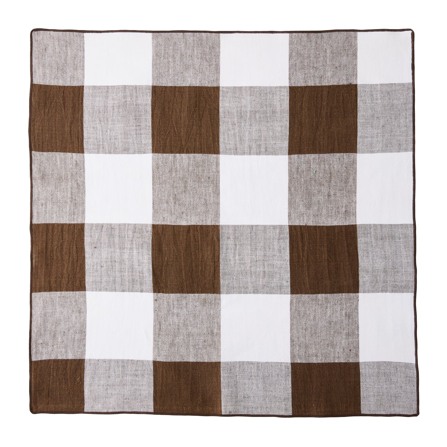 Cocoa brown buffalo check linen napkin, 20"x20", with white squares and a thin brown border.