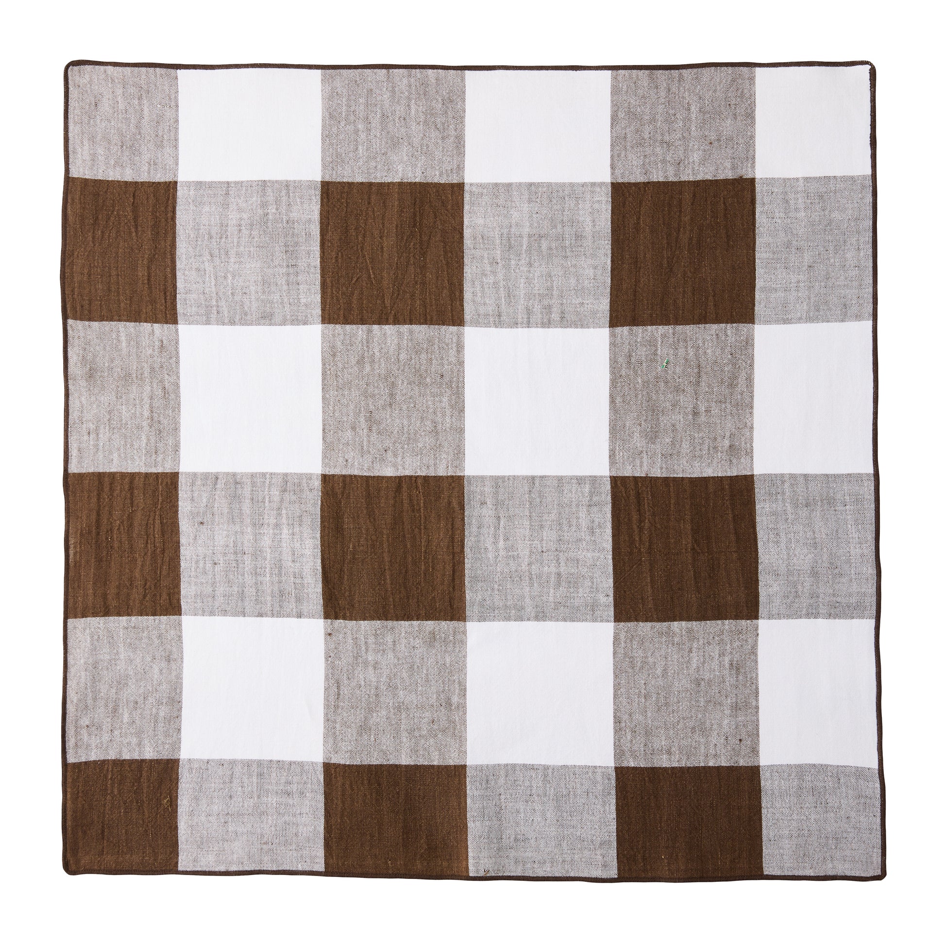 Cocoa brown buffalo check linen napkin, 20"x20", with white squares and a thin brown border.