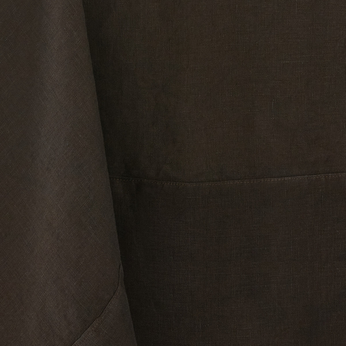 Cocoa brown hand-dyed 100% linen tablecloth with visible fabric texture and mitered corner detailing.