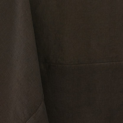 Cocoa brown hand-dyed 100% linen tablecloth with visible fabric texture and mitered corner detailing.