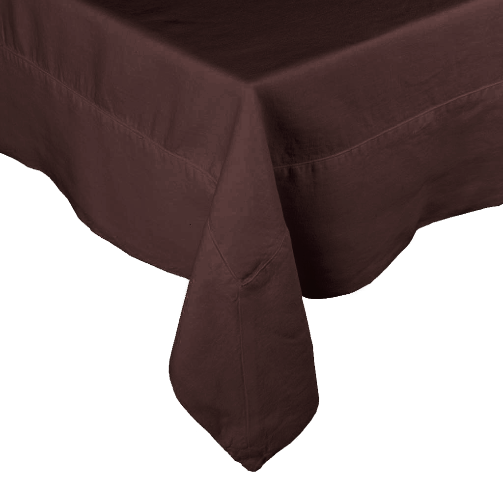 Cocoa Brown HG Signature Hand-dyed Linen Tablecloth, 70"x108", with mitered corner detailing.