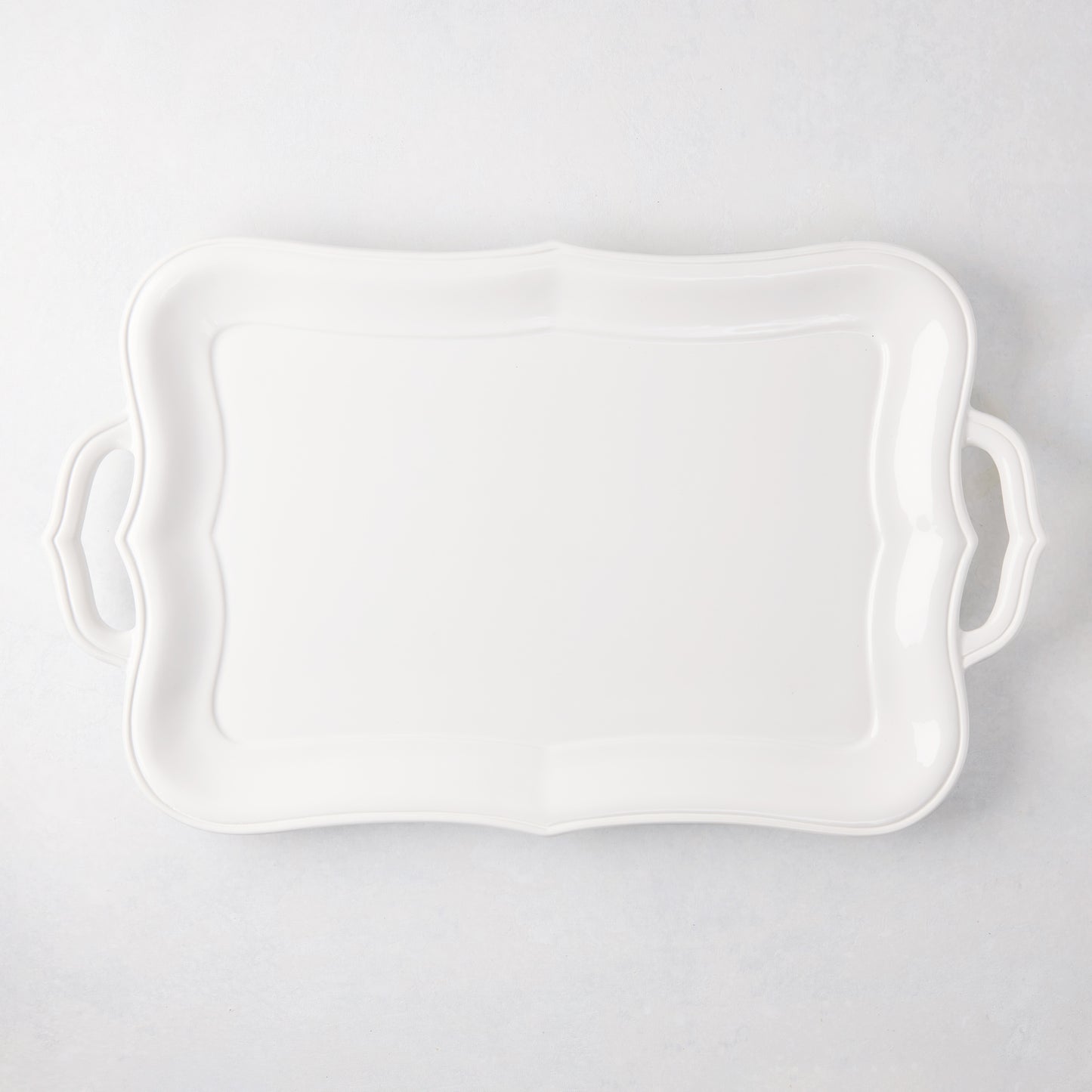 Colette Large Ceramic Handled Serving Platter, white glaze, scalloped edge, modern vintage style.