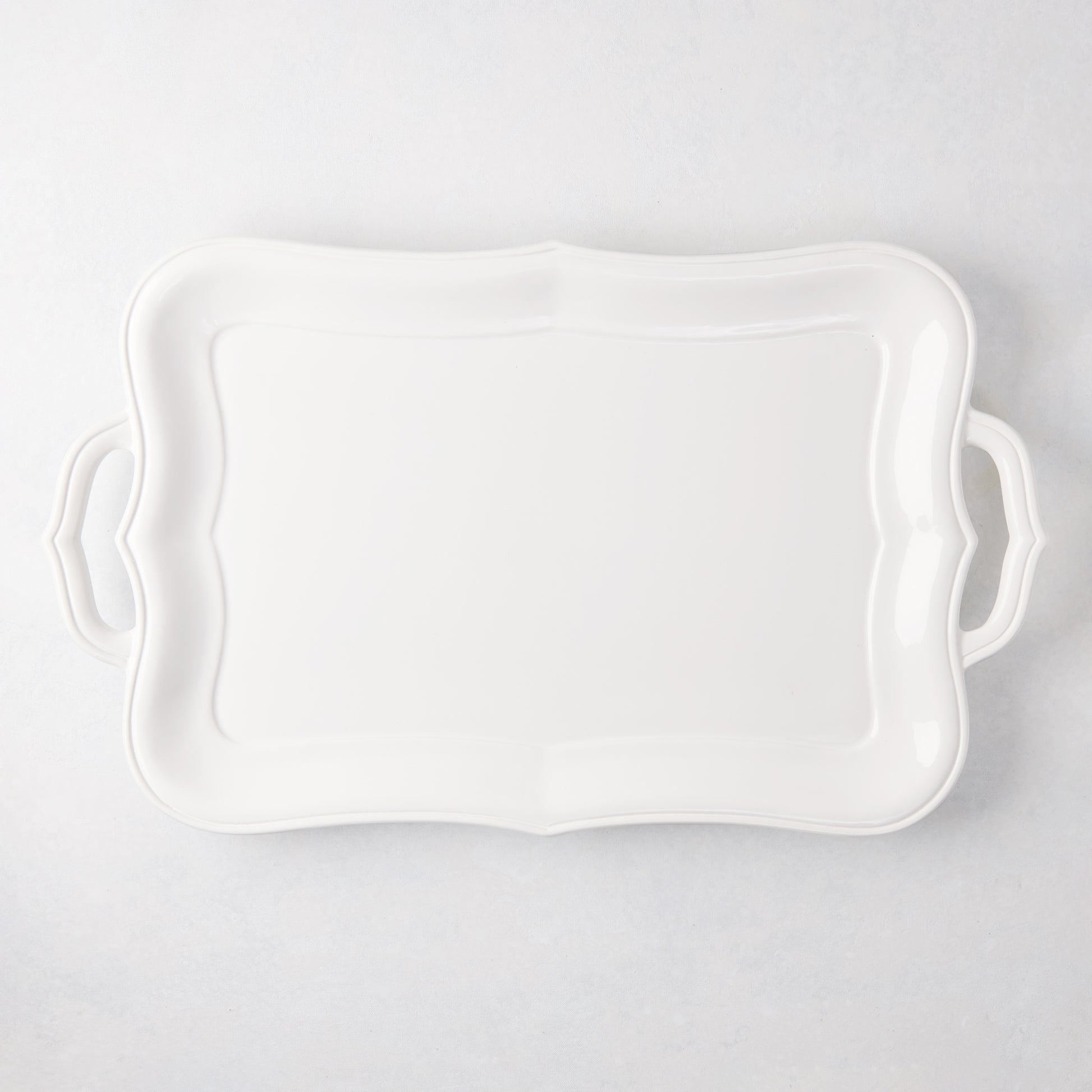 Colette Large Ceramic Handled Serving Platter, white glaze, scalloped edge, modern vintage style.