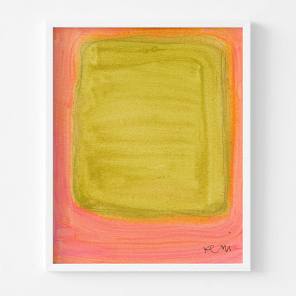Color Note 1 Art Print by Kerri Rosenthal, abstract yellow-green rectangle on pink, white frame.