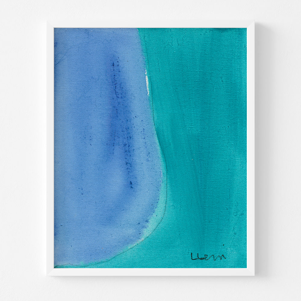Color Note 2 Art Print by Kerri Rosenthal, abstract blue and teal watercolor in a white frame.
