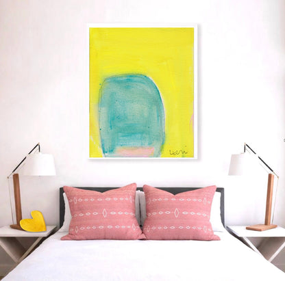 Color Note 4 Art Print by Kerri Rosenthal, abstract yellow and teal painting in a white frame above a bed.