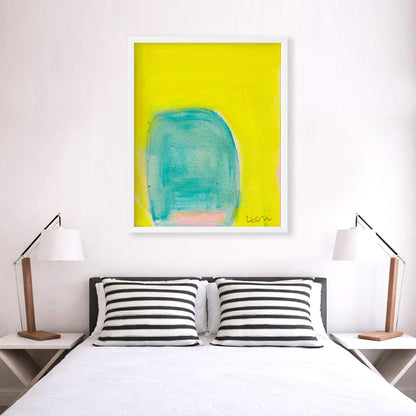 Kerri Rosenthal Color Note 4 Art Print: vibrant yellow and teal abstract painting in a white frame above a bed.