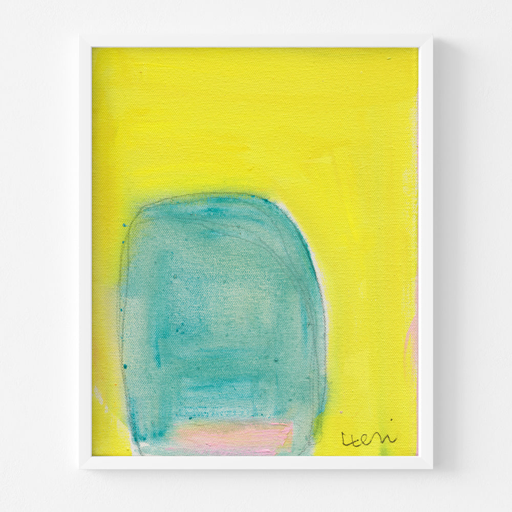 Color Note 4 Art Print by Kerri Rosenthal, abstract yellow, teal, and pink painting in a white frame.
