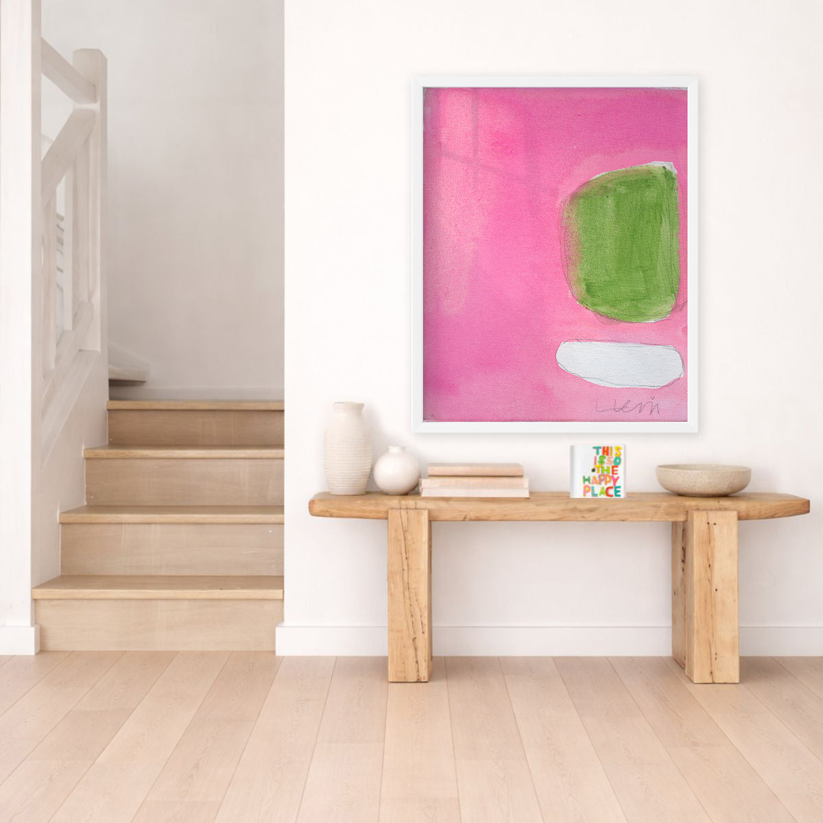 Kerri Rosenthal Color Note 5 abstract art print with pink, green, and white brushstrokes in a white frame.