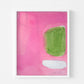 Kerri Rosenthal Color Note 5 Art Print: abstract pink, green, white painting in a white frame.