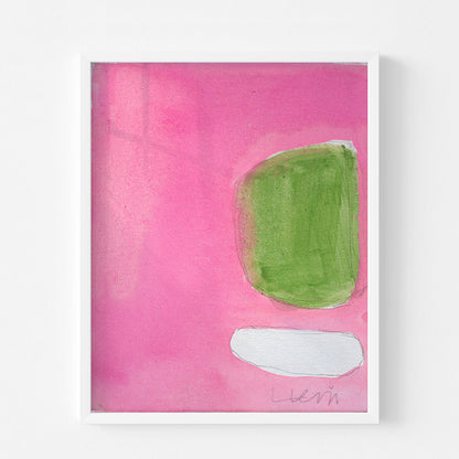 Kerri Rosenthal Color Note 5 Art Print: abstract pink, green, white painting in a white frame.