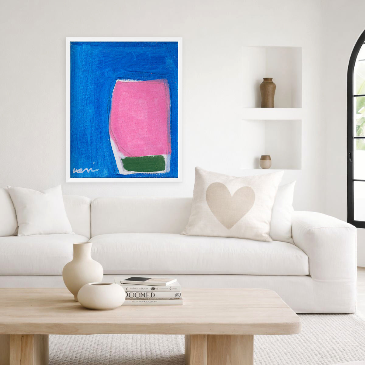 Kerri Rosenthal Color Note 6 Art Print: vibrant blue, pink, and green abstract painting in a white frame.