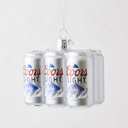 Coors Light six-pack glass Christmas ornament with silver glitter finish and detailed beer can branding.