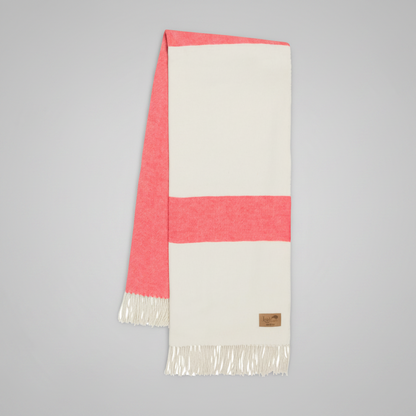 Coral and cream herringbone stripe throw blanket with fringe, 51" W x 67" L, cotton-acrylic blend.