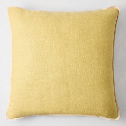 22-inch square corn silk yellow Belgian linen pillow with a subtle flange border.