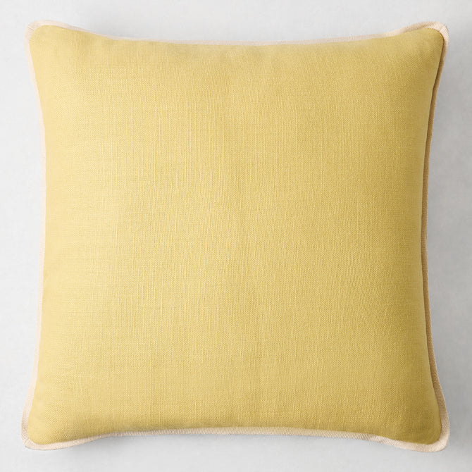 22-inch square corn silk yellow Belgian linen pillow with a subtle flange border.