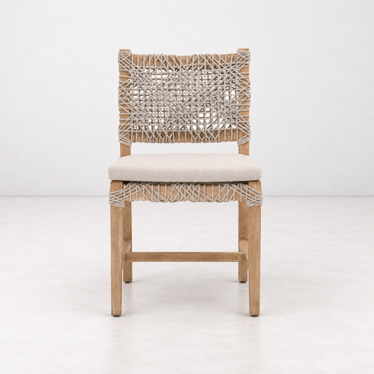 Costa dining chair with mahogany frame, woven taupe and white rope back, and removable pumice fabric seat cushion.