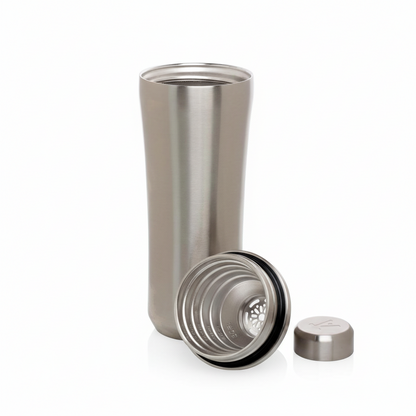 Brushed stainless steel craft cocktail shaker with built-in strainer and measuring top, 25oz capacity.
