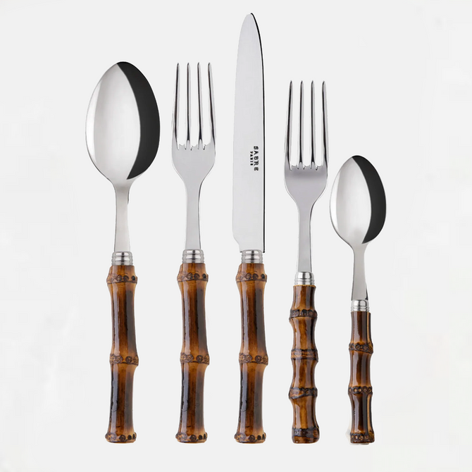Dark bamboo 5-piece flatware set with 18/10 stainless steel utensils, featuring natural bamboo handles.