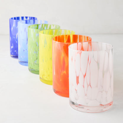 Six Spotted Double Old Fashioned glasses in a rainbow of colors: white, orange, yellow, green, light blue, and dark blue.
