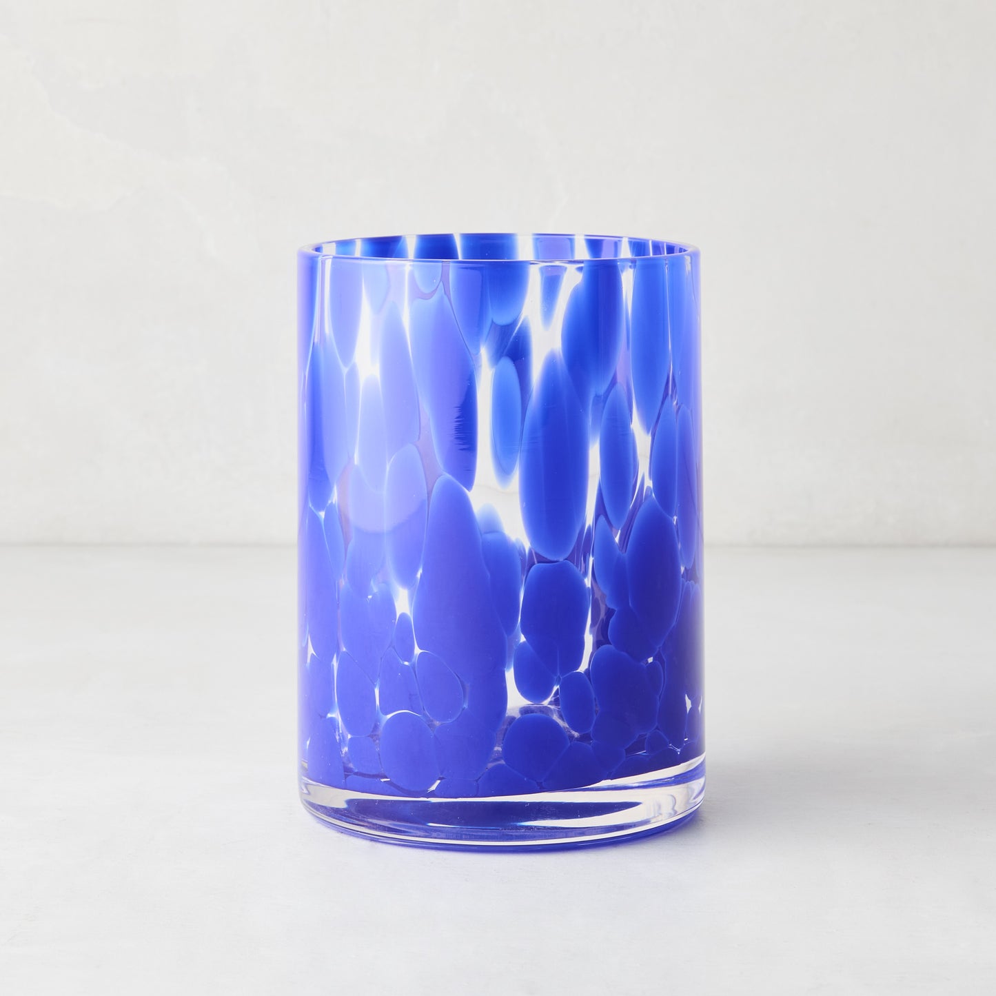 Dark Blue Spotted Double Old Fashioned Glass, clear glass with bright blue spots, 12oz, 3"Dia x 4.25"H.