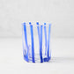 Dark Blue Stripe Double Old Fashioned Glass, clear glass with hand-placed blue vertical stripes.