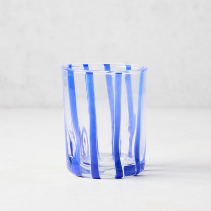 Dark Blue Stripe Double Old Fashioned Glass, clear glass with hand-placed blue vertical stripes.