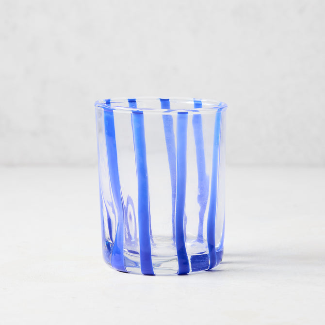 Dark Blue Stripe Double Old Fashioned Glass, clear glass with hand-placed blue vertical stripes.