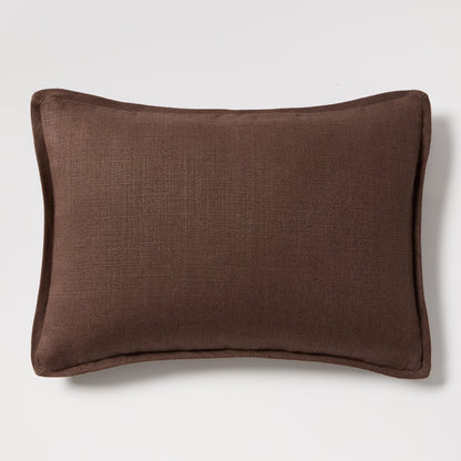 Dark brown tonal reversible velvet and linen lumbar pillow, 20x14 inches.