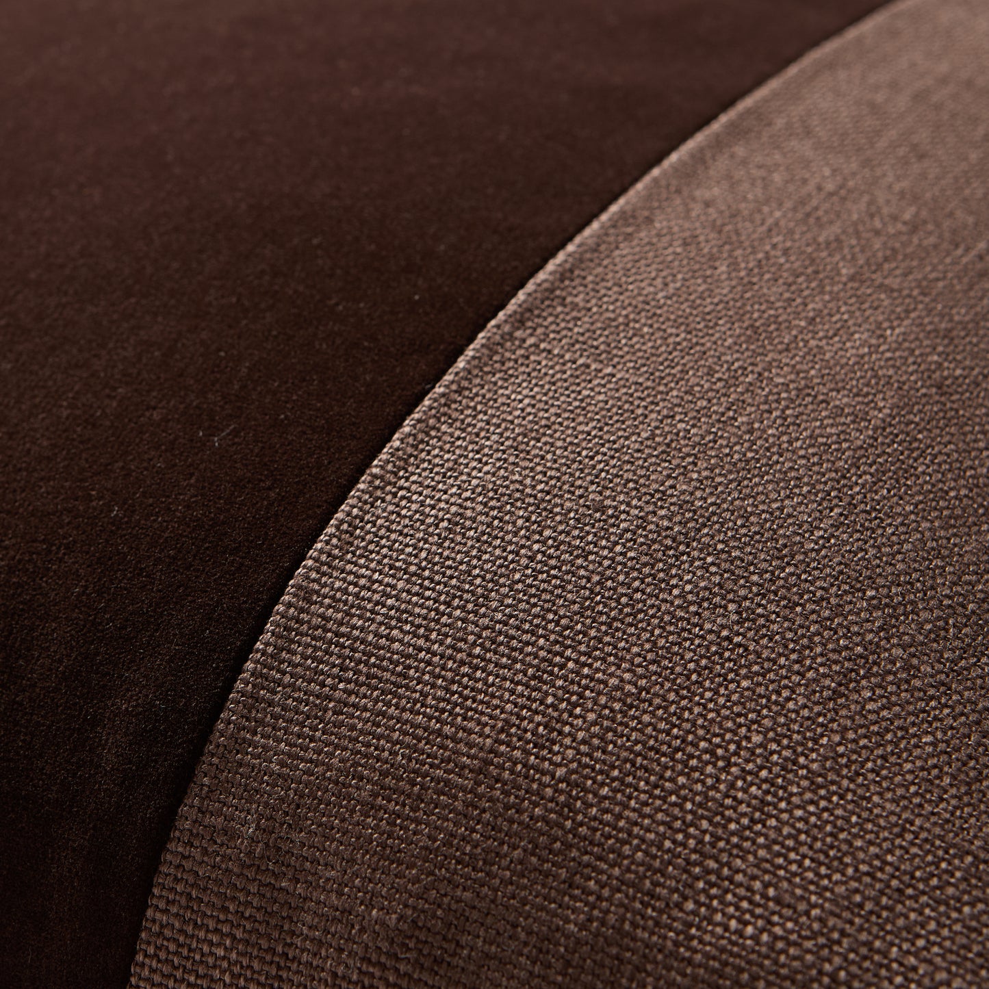 Dark brown tonal wide velvet stripe and linen pillow, 22" square.