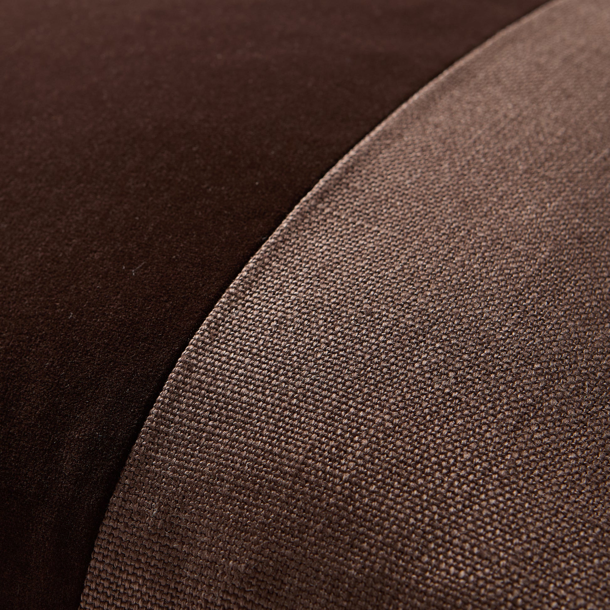 Dark brown tonal wide velvet stripe and linen pillow, 22" square.