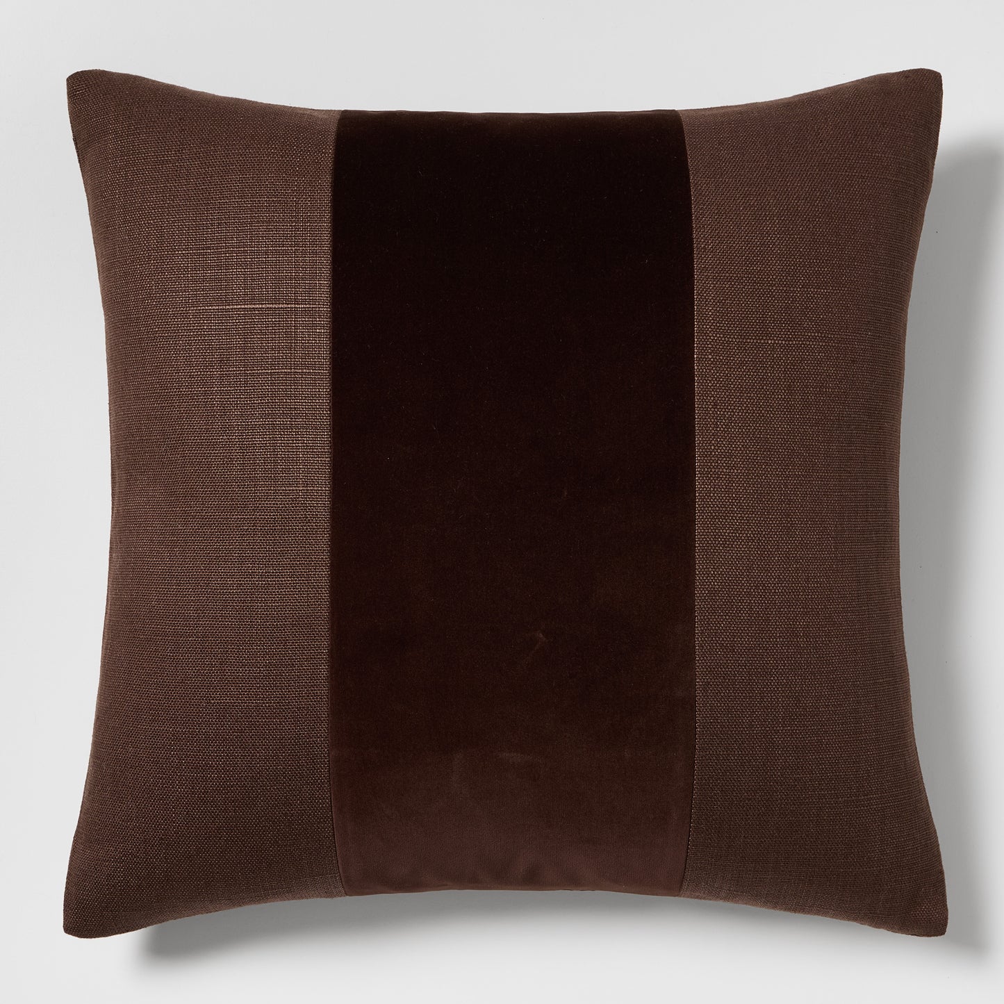 Dark brown 22" square linen and velvet pillow with wide tonal stripe.