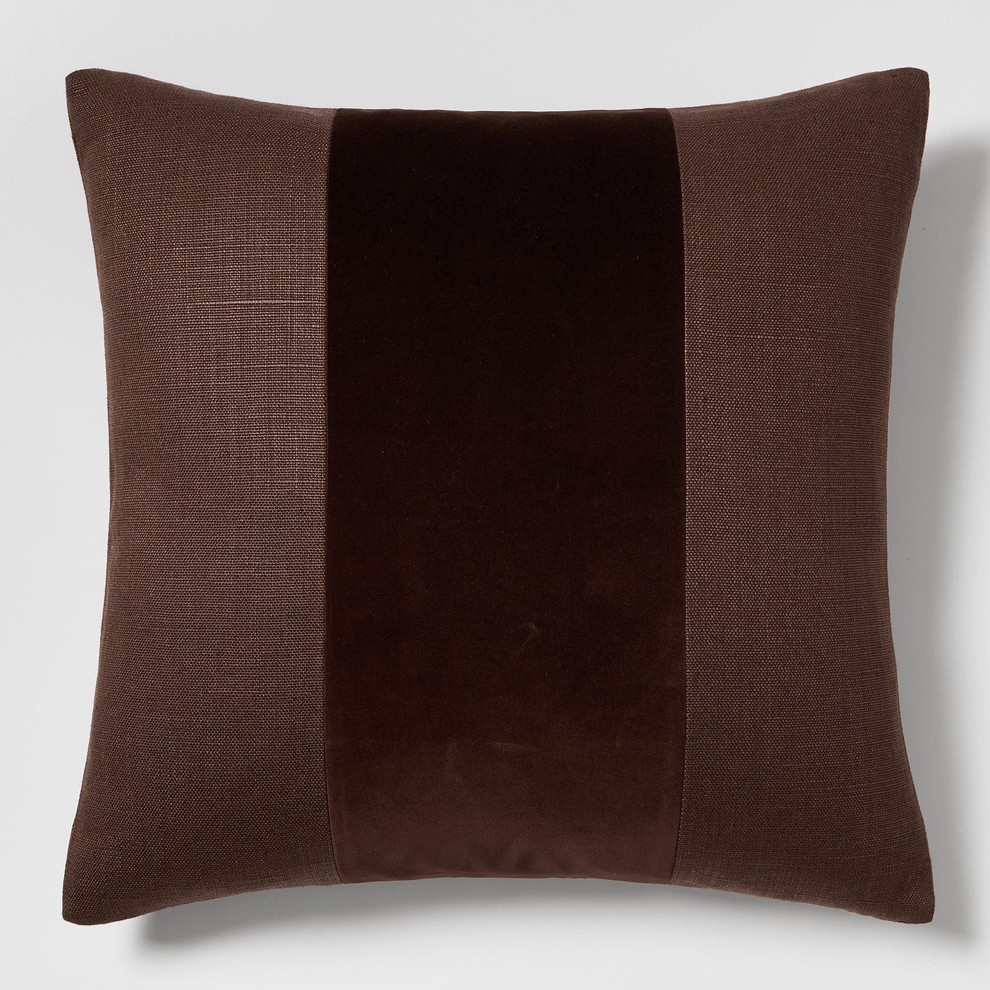 Dark brown 22" square linen and velvet pillow with wide tonal stripe.