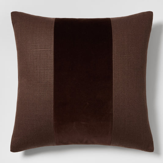 Dark brown 22" square linen and velvet pillow with wide tonal stripe.